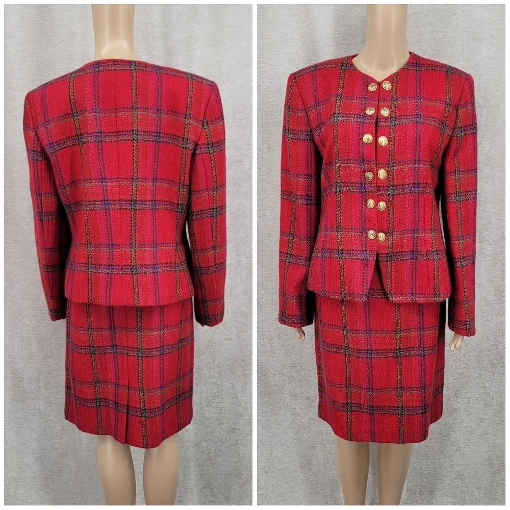 Ellen Tracy Red Plaid Blazer Double Breasted Gold Buttons Skirt Suit Set Tweed